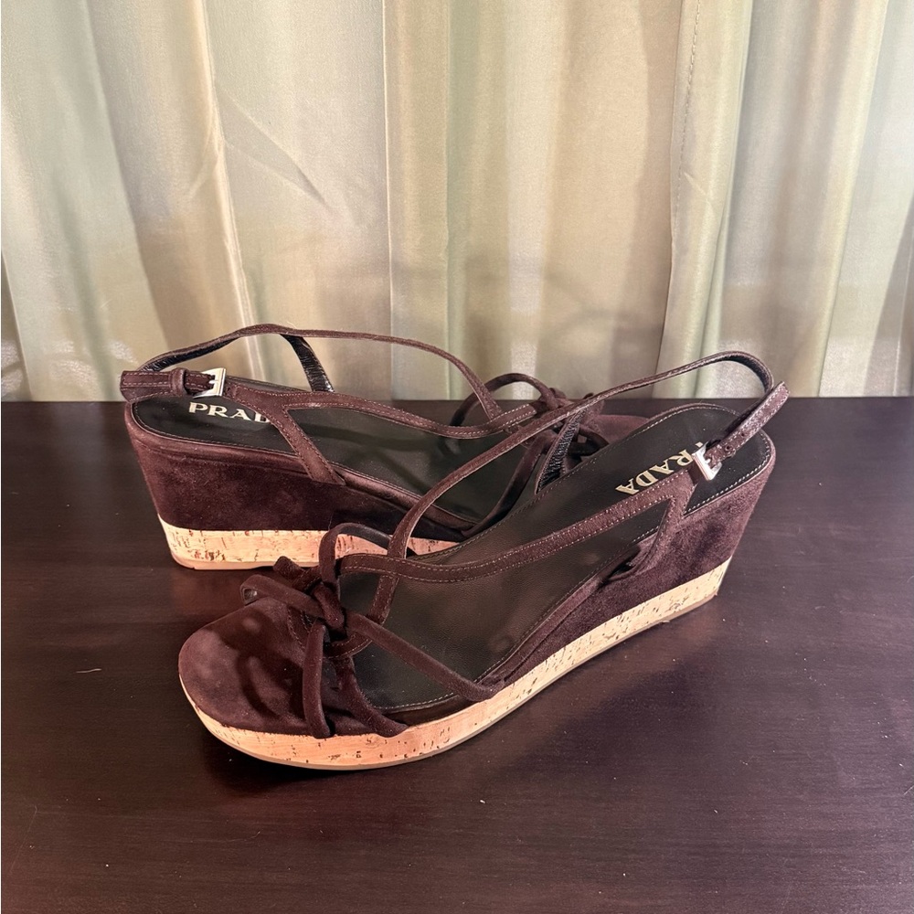 Prada Brown Suede Knot-Front Wedge Sandals - Picture 2 of 4